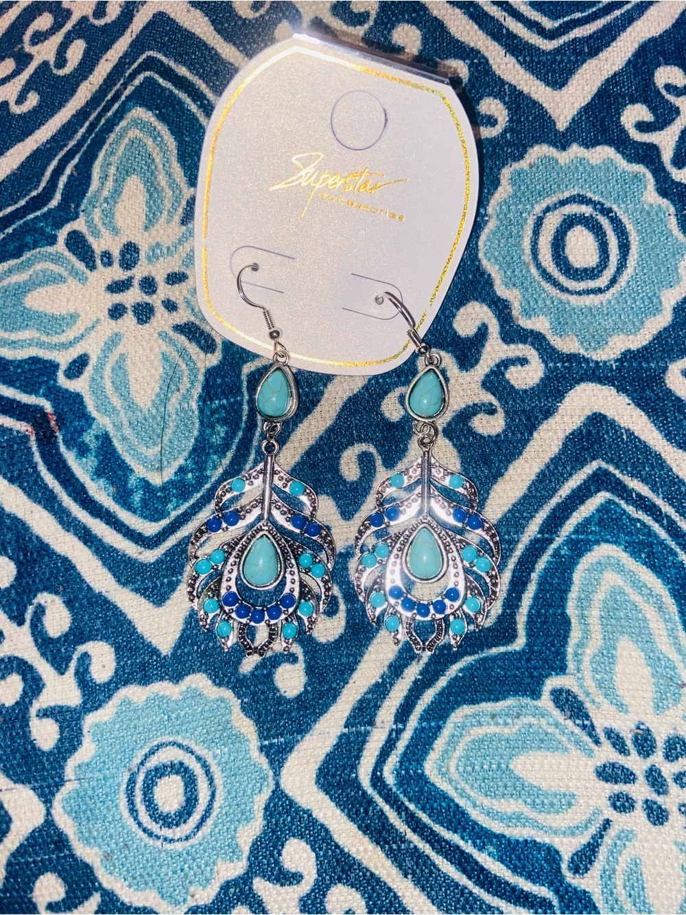 Turquoise & Blue Teardrop Feather Dangle Earrings
